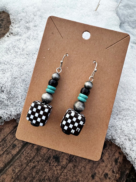 Oval Checker Stud Earrings - Turq.