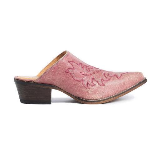 Myra Ximena Leather Mules in Pink - Handstitched Cowgirl Mules with Low Heel for Carnival Chic