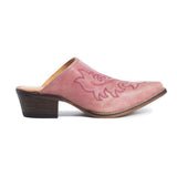 Myra Ximena Leather Mules in Pink - Handstitched Cowgirl Mules with Low Heel for Carnival Chic