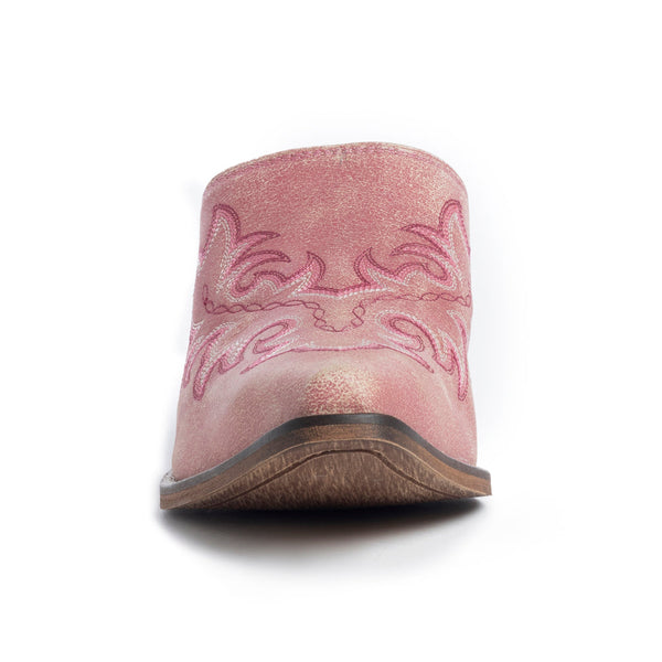 Myra Ximena Leather Mules in Pink - Handstitched Cowgirl Mules with Low Heel for Carnival Chic