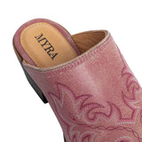 Myra Ximena Leather Mules in Pink - Handstitched Cowgirl Mules with Low Heel for Carnival Chic