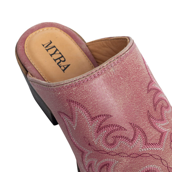 Myra Ximena Leather Mules in Pink - Handstitched Cowgirl Mules with Low Heel for Carnival Chic
