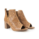 Myra Persimmonee Embossed Leather Heels for Women â€“ Open Toe, Mid Block Heel, Western Cowgirl Fashion for Rodeo Evenings