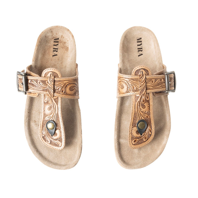 Myra Balinda Ridge Hand-Tooled Leather T-Strap Flats for Women - Western Embossed Sandals with Cushioned Sole for Daily Comfort