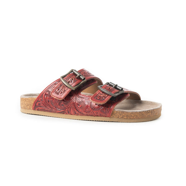 Myra Falling Feather Red Tooled Leather Sandals for Women - Dual Strap Casual Slides with Cushioned Sole for All-Day Comfort