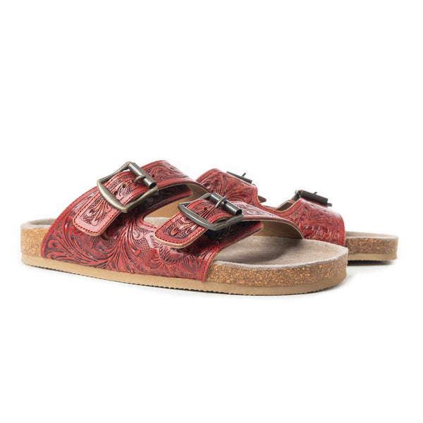 Myra Falling Feather Red Tooled Leather Sandals for Women - Dual Strap Casual Slides with Cushioned Sole for All-Day Comfort