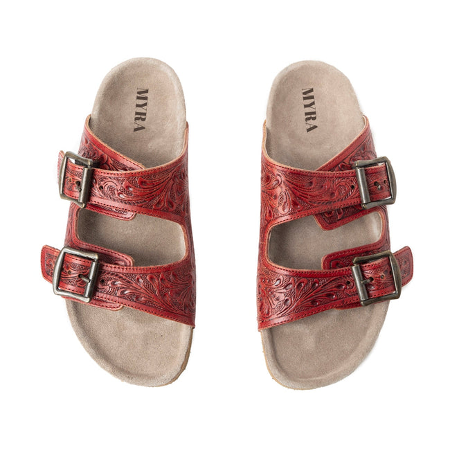 Myra Falling Feather Red Tooled Leather Sandals for Women - Dual Strap Casual Slides with Cushioned Sole for All-Day Comfort