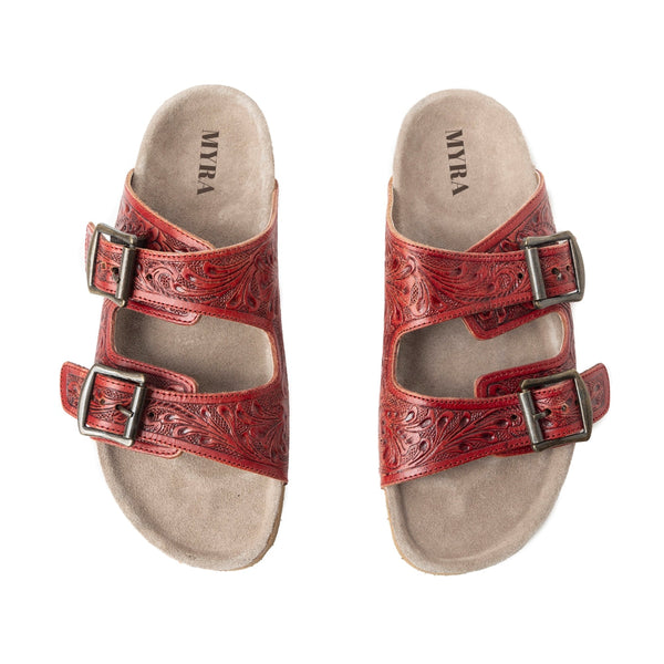 Myra Falling Feather Red Tooled Leather Sandals for Women - Dual Strap Casual Slides with Cushioned Sole for All-Day Comfort