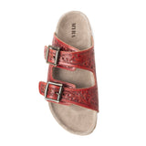 Myra Falling Feather Red Tooled Leather Sandals for Women - Dual Strap Casual Slides with Cushioned Sole for All-Day Comfort