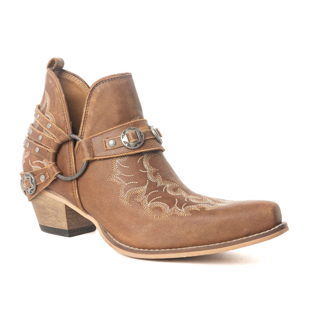 Myra Western Ember Ankle Booties for Women – Embroidered Leather with Buckled Straps, Pointed Toe & Stacked Low Heel
