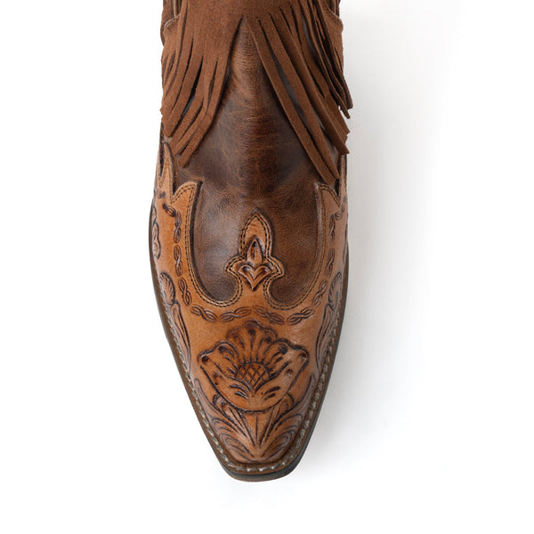 Myra Wild Ember Fringed Handtooled Leather Booties in Golden Rust