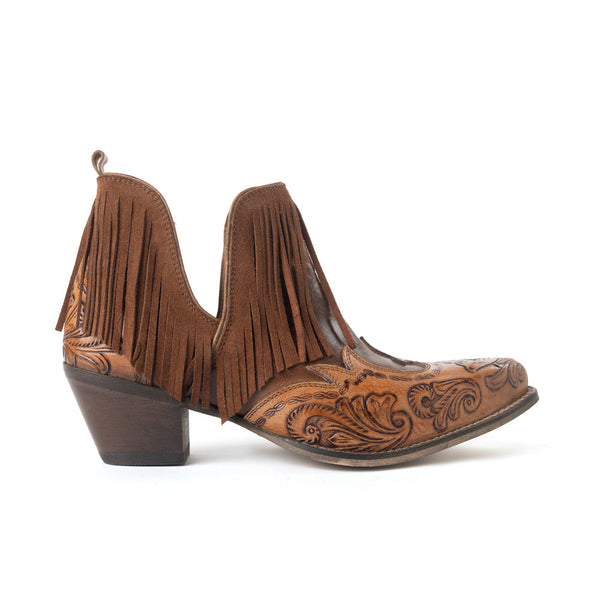 Myra Wild Ember Fringed Handtooled Leather Booties in Golden Rust