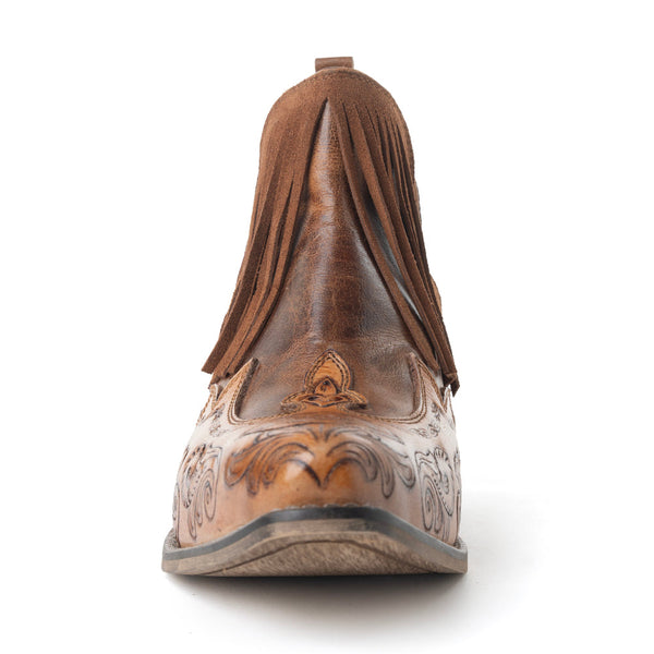 Myra Wild Ember Fringed Handtooled Leather Booties in Golden Rust