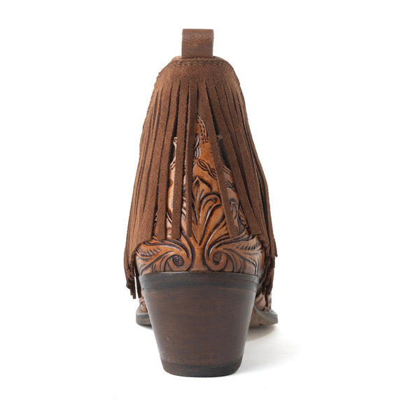 Myra Wild Ember Fringed Handtooled Leather Booties in Golden Rust