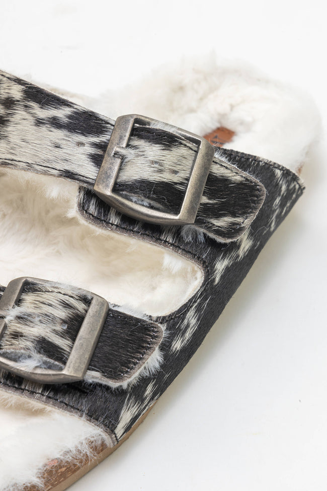 Prairie Winds Fur Comfort Hairon Leather Sandals In Black & White