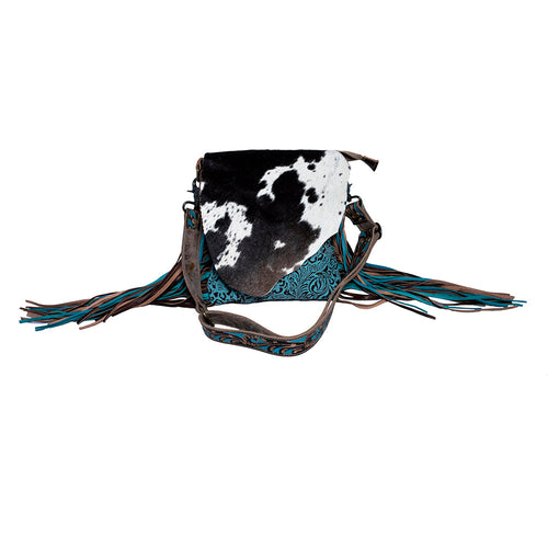 Myra Cobal Blue Concealed Carry Bag Hair-On Leather Crossbody with Embossed Turquoise Panel and Fringe Detailing