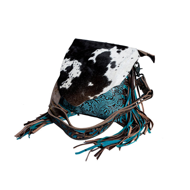 Myra Cobal Blue Concealed Carry Bag Hair-On Leather Crossbody with Embossed Turquoise Panel and Fringe Detailing