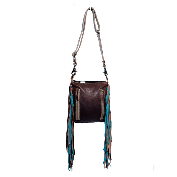 Myra Cobal Blue Concealed Carry Bag Hair-On Leather Crossbody with Embossed Turquoise Panel and Fringe Detailing