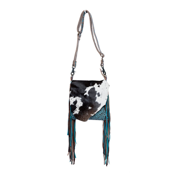 Myra Cobal Blue Concealed Carry Bag Hair-On Leather Crossbody with Embossed Turquoise Panel and Fringe Detailing