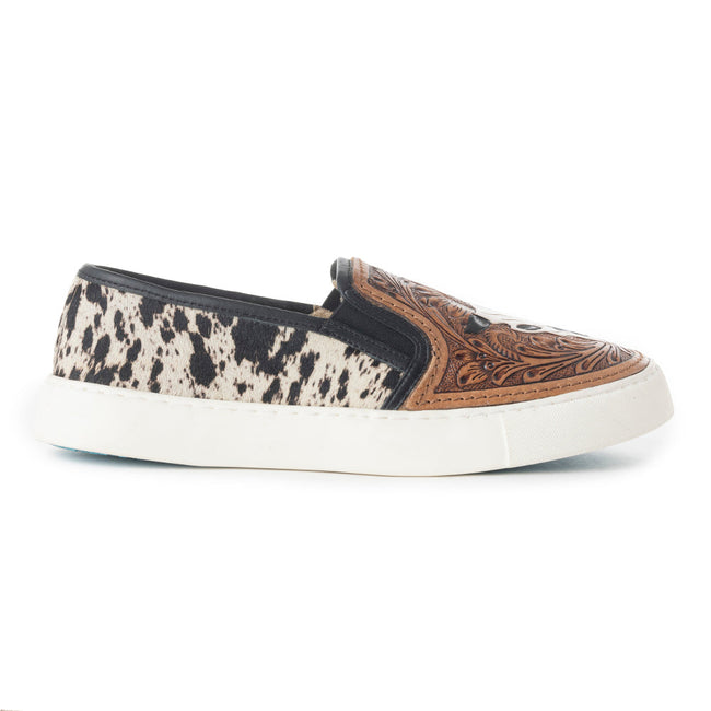 Myra Reflexo Textured Leather Slip-Ons -  Hairon Cowhide & Floral Tooling Comfort Sneakers for Women