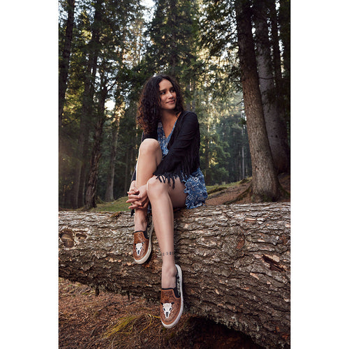 Myra Reflexo Textured Leather Slip-Ons -  Hairon Cowhide & Floral Tooling Comfort Sneakers for Women