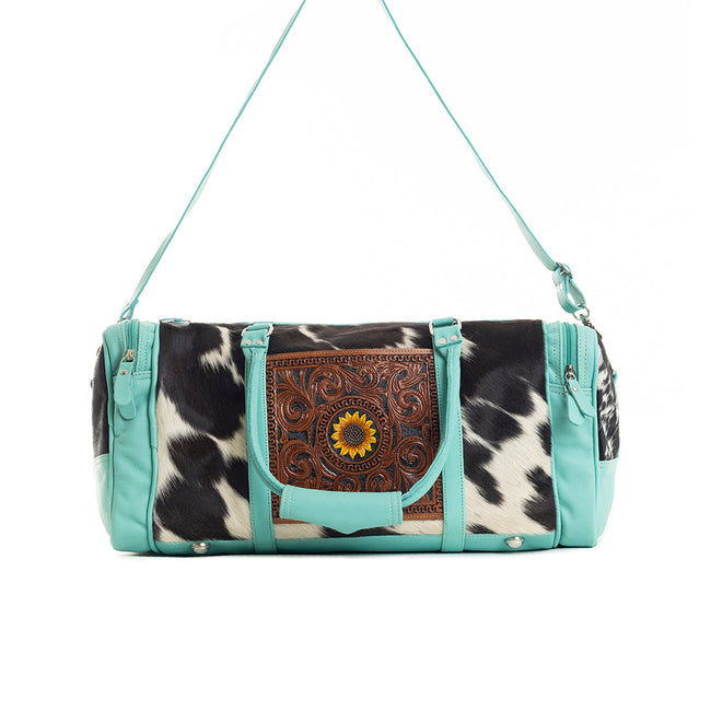 Myra Darling Mesa Turquoise Leather Duffle Bag - Hand-Tooled Cowhide Travel Bag with Sunflower Accent and Spacious Interior