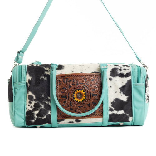 Myra Darling Mesa Turquoise Leather Duffle Bag - Hand-Tooled Cowhide Travel Bag with Sunflower Accent and Spacious Interior