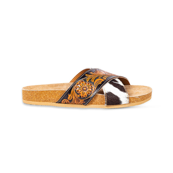 Myra Nevada Handtooled Leather Flats for Women - Double-Strap Sandals with Cushioned Cork Sole for Rodeo Chic Comfort