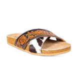 Myra Nevada Handtooled Leather Flats for Women - Double-Strap Sandals with Cushioned Cork Sole for Rodeo Chic Comfort