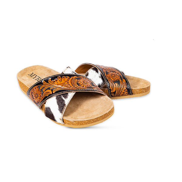 Myra Nevada Handtooled Leather Flats for Women - Double-Strap Sandals with Cushioned Cork Sole for Rodeo Chic Comfort