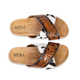 Myra Nevada Handtooled Leather Flats for Women - Double-Strap Sandals with Cushioned Cork Sole for Rodeo Chic Comfort