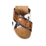 Myra Nevada Handtooled Leather Flats for Women - Double-Strap Sandals with Cushioned Cork Sole for Rodeo Chic Comfort
