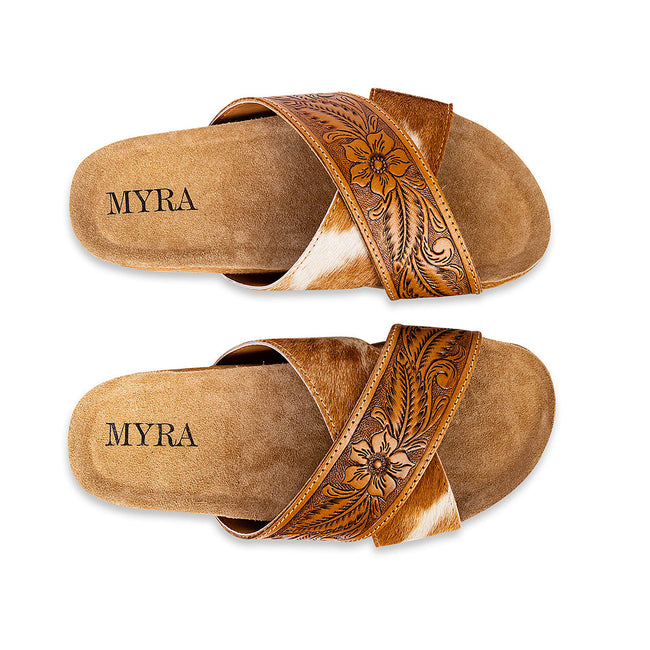 Myra Prairie Handtooled Leather Slide Sandals for Women â€“ Floral Western Design, Soft Cork Footbed for Comfort
