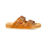 Myra Molly Megan Handtooled Leather Sandals - Easy Slip-on Dual Buckle Leather Flats for Women