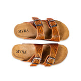 Myra Molly Megan Handtooled Leather Sandals - Easy Slip-on Dual Buckle Leather Flats for Women