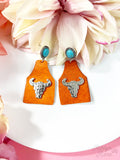 Take A Number Cowboy Orange Cowhide Copper Cow Skull Stud Earrings