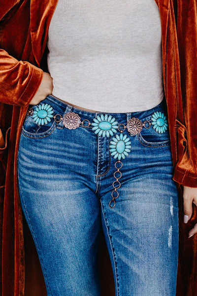Forever Chasing Cowboys Copper Turquoise Floral Concho Link Belt ~ CURVY