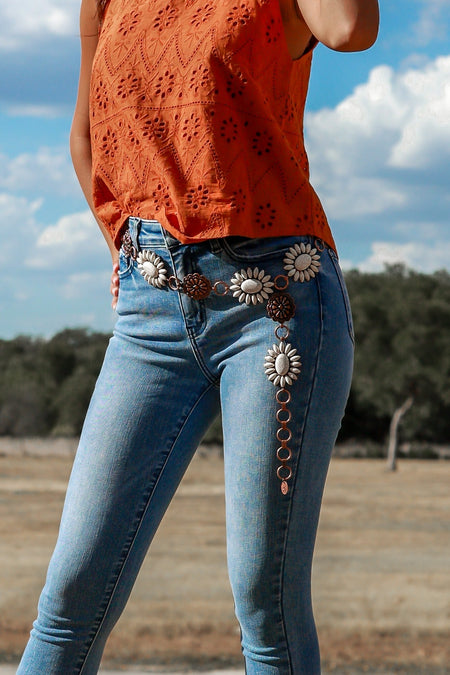 Forever Chasing Cowboys Copper Turquoise Floral Concho Link Belt ~ CURVY
