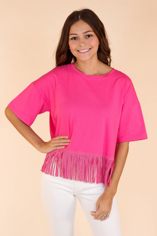 Here for the Show Studded Fringe Crop Top, Hot Pink