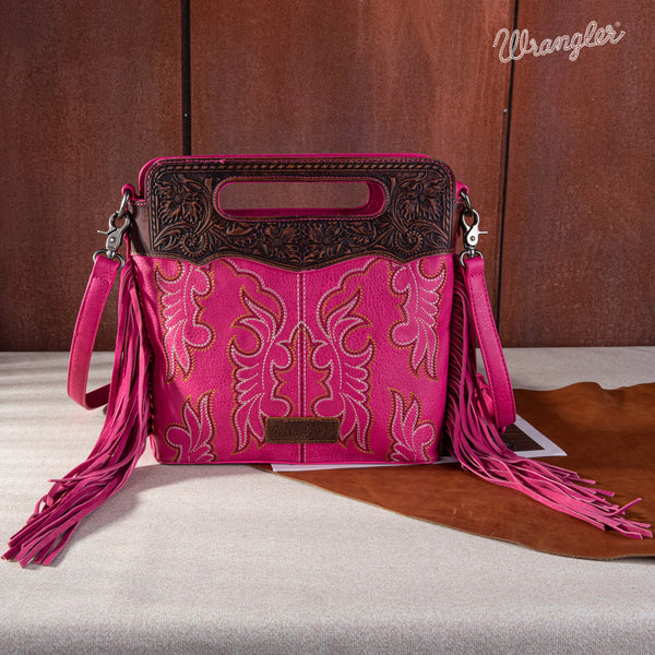 Wrangler Top Handle Embroidered Fringe Tote/Crossbody - Hot Pink