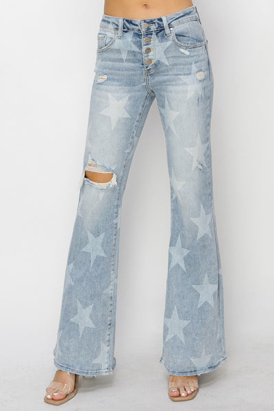 RISEN - Mid Rise Button Fly Start Print Flare Jeans
