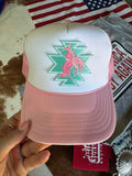 Aztec Bucking Bronco Patch Trucker HatPink & WhiteOS