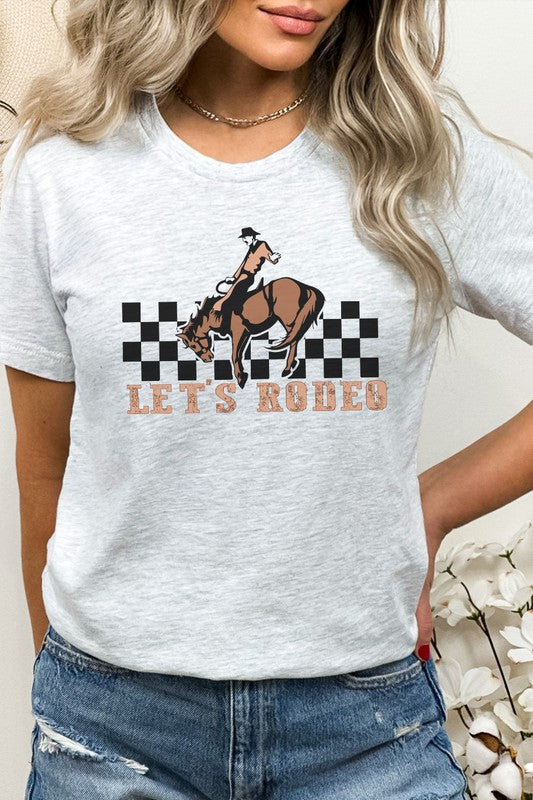 Lets Rodeo Checkered Horse and Cowboy Graphic Tee
