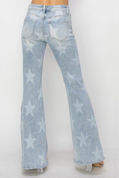 RISEN - Mid Rise Button Fly Start Print Flare Jeans