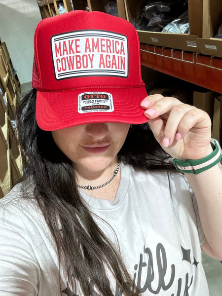 Make America Cowboy Again Banner Trucker HatRedOS