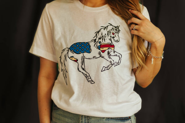 Patriotic USA Horse Western Graphic TeeWhiteS