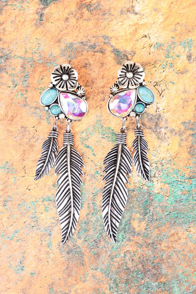 Turquoise Bejeweled Feather Earrings
