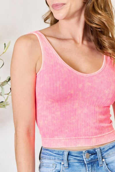 Washed Ribbed Cropped Tank - Neon Coral Fuchsia