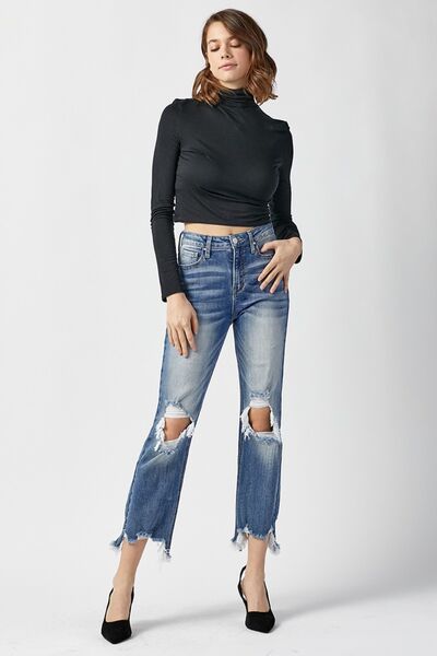 RISEN - High Waist Distressed Frayed Hem Cropped Straight Jeans