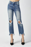 RISEN - High Waist Distressed Frayed Hem Cropped Straight Jeans